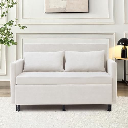 3-in-1 Sleeper Sofa Bed, 51'' Convertible Folding Couch with Pullout Bed, Chenille Futon Sleeper Sofa with Side Table and 2 Pillows, Grey X492320
