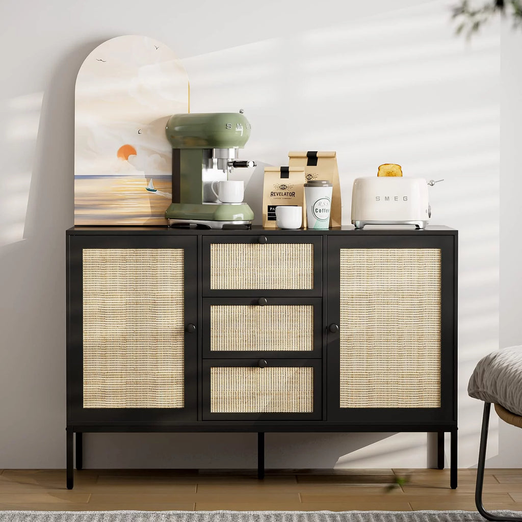 Black Rattan Sideboard Cabinet with 3 Drawers and 2 Doors K961098