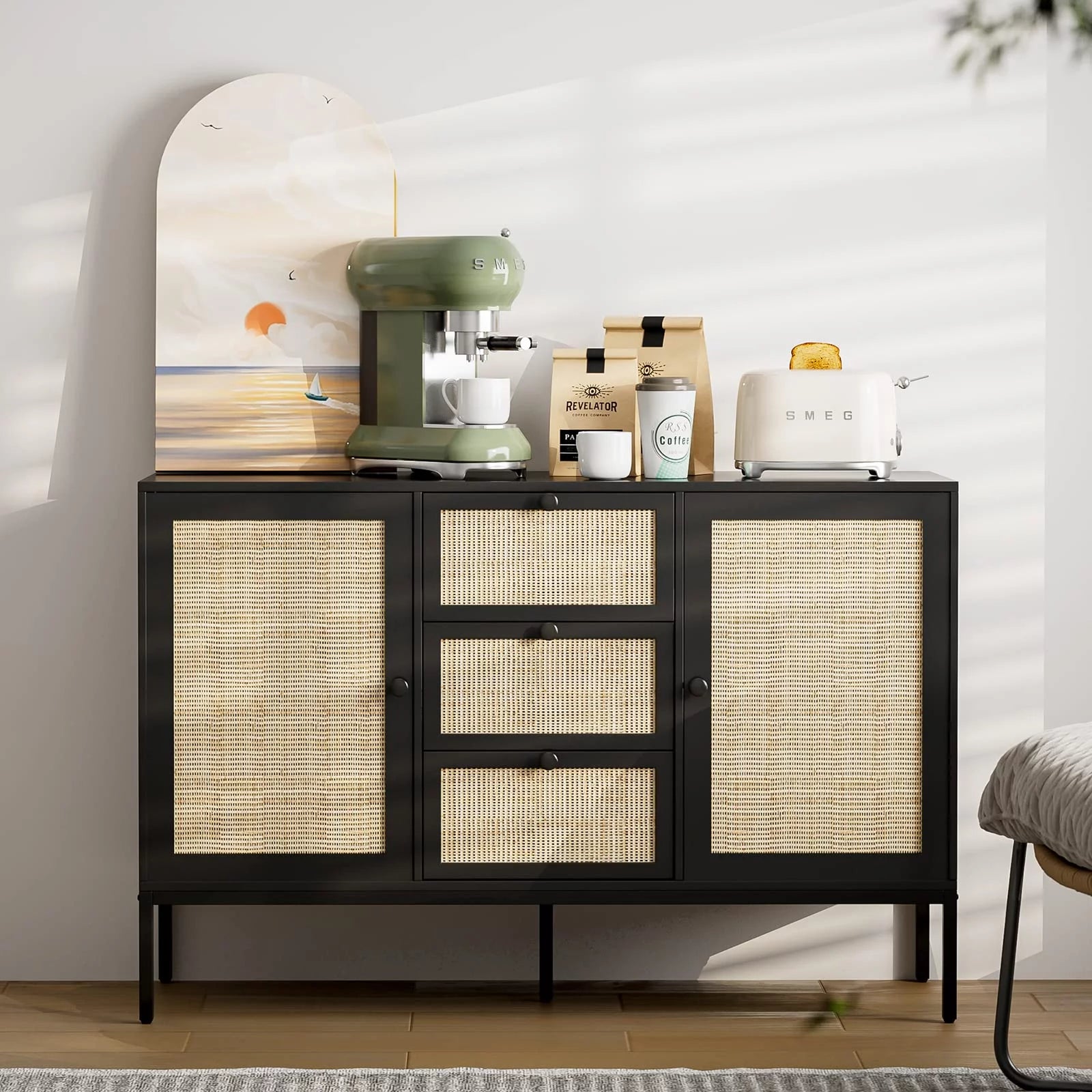 Black Rattan Sideboard Cabinet with 3 Drawers and 2 Doors K961098