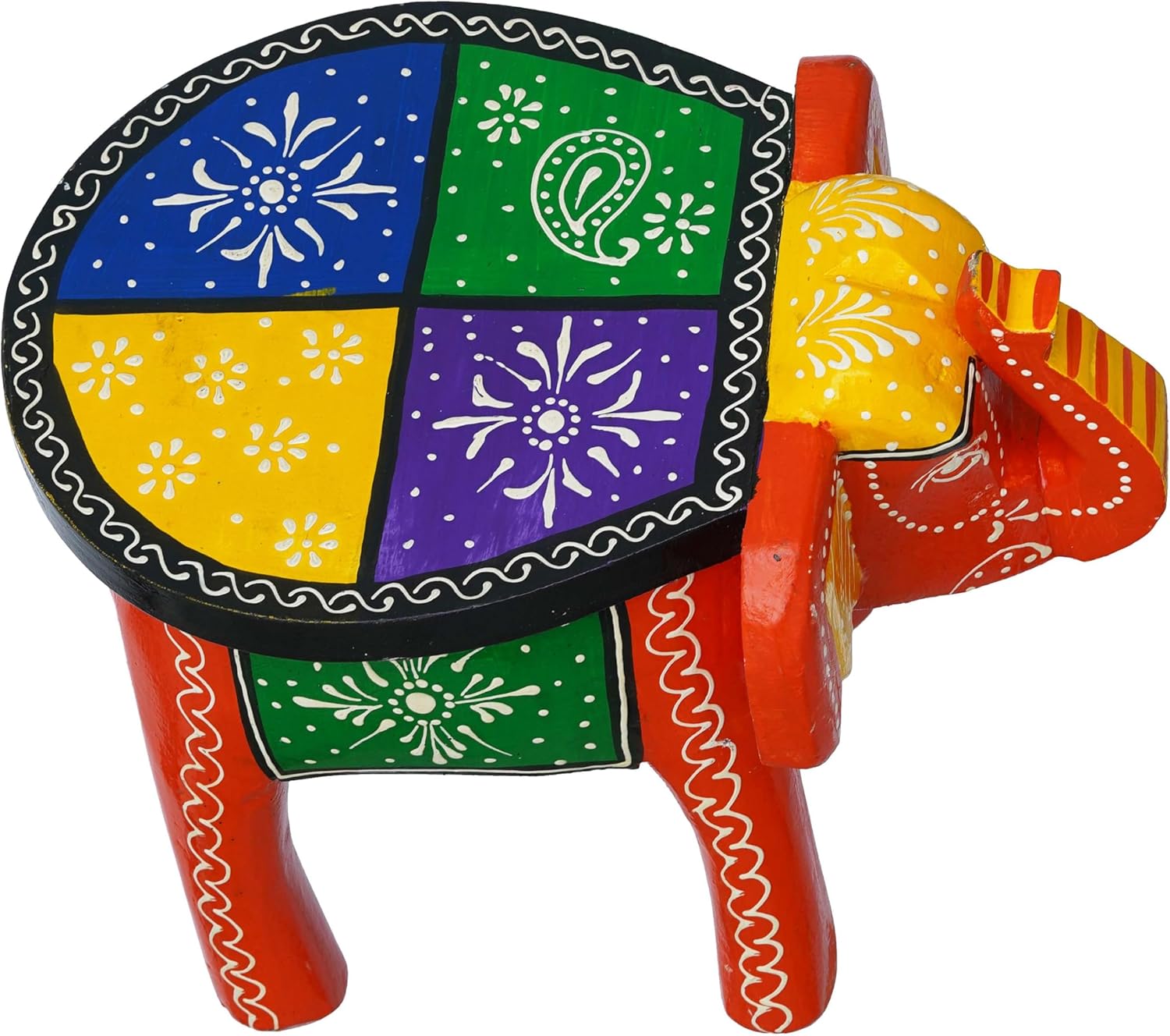 Handcrafted Emboss Painted Colorful Wooden Elephant Shape Stool Table Medium T603