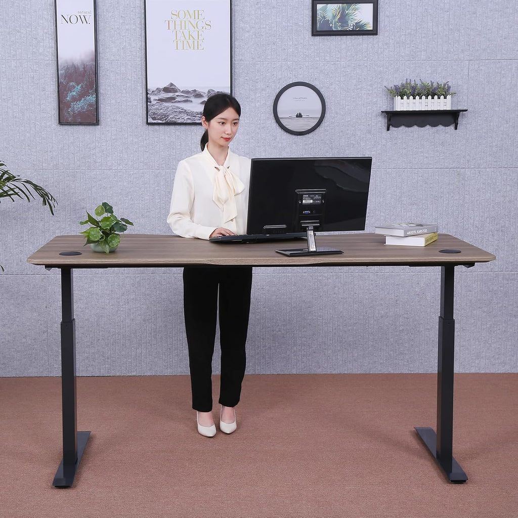 71" x 33" Electric Height Adjustable Desk with Curved Teak Top and Black Frame T395984