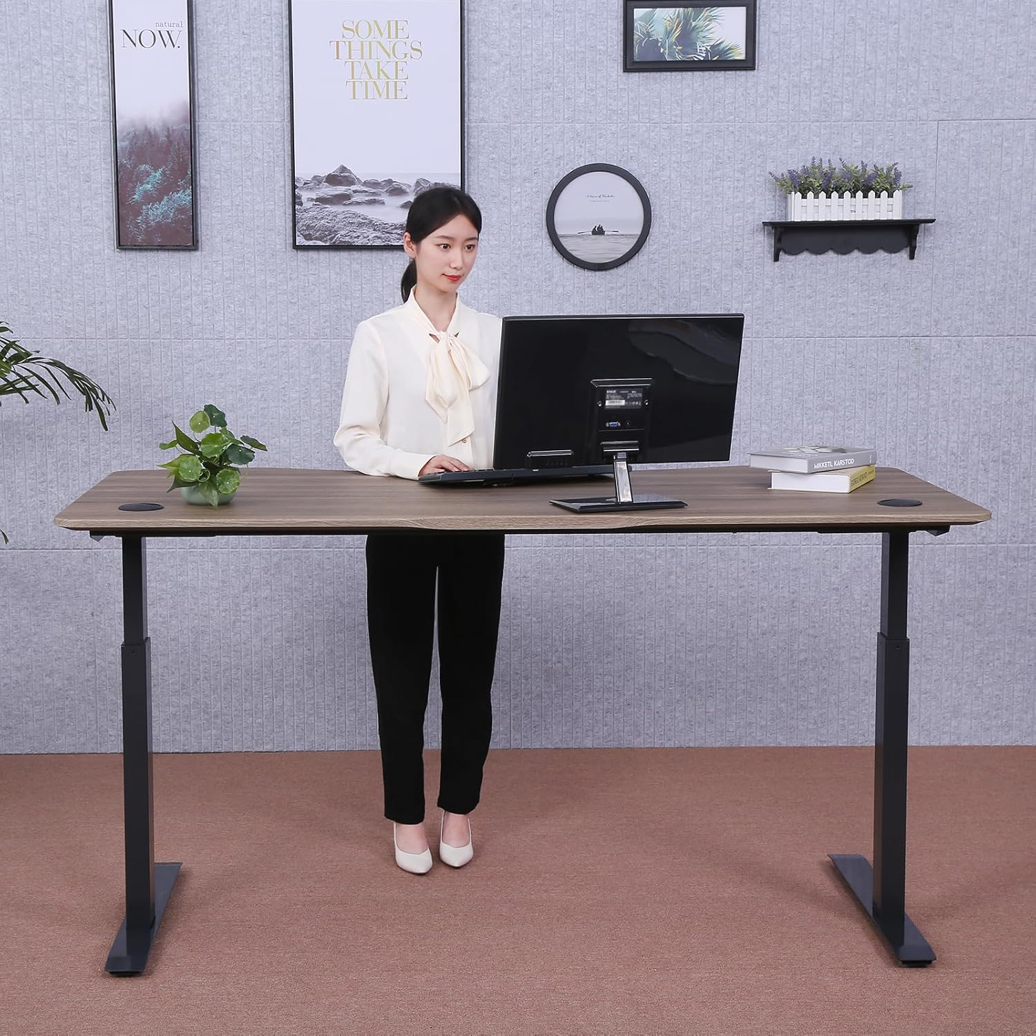 71" x 33" Electric Height Adjustable Desk with Curved Teak Top and Black Frame T395984