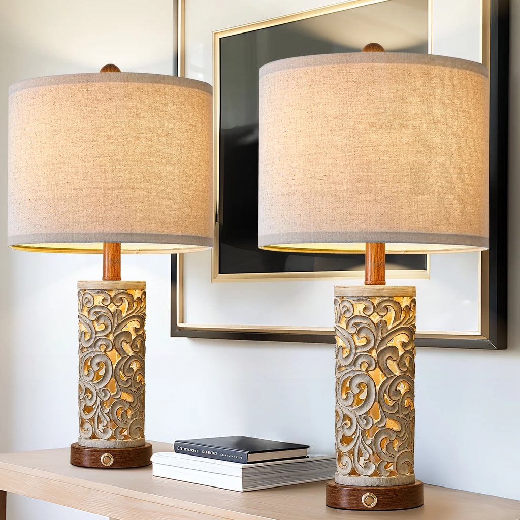 Rustic Table Lamp Set of 2 3 Way Dimmable 22" with 2 USB Ports X869