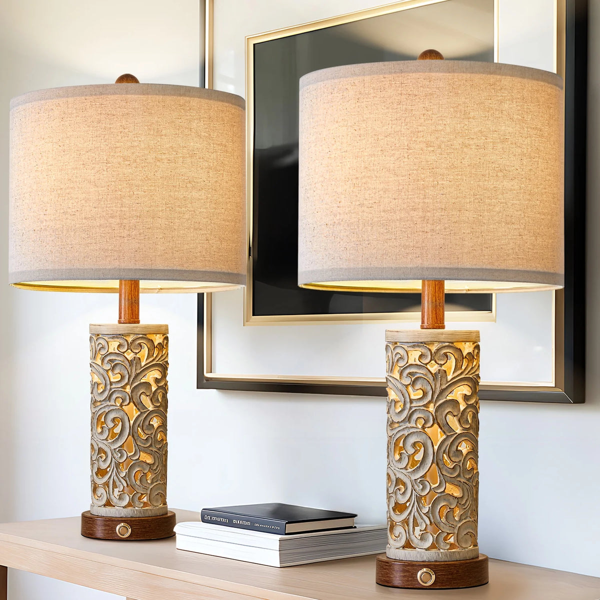 Rustic Table Lamp Set of 2 3 Way Dimmable 22" with 2 USB Ports X869