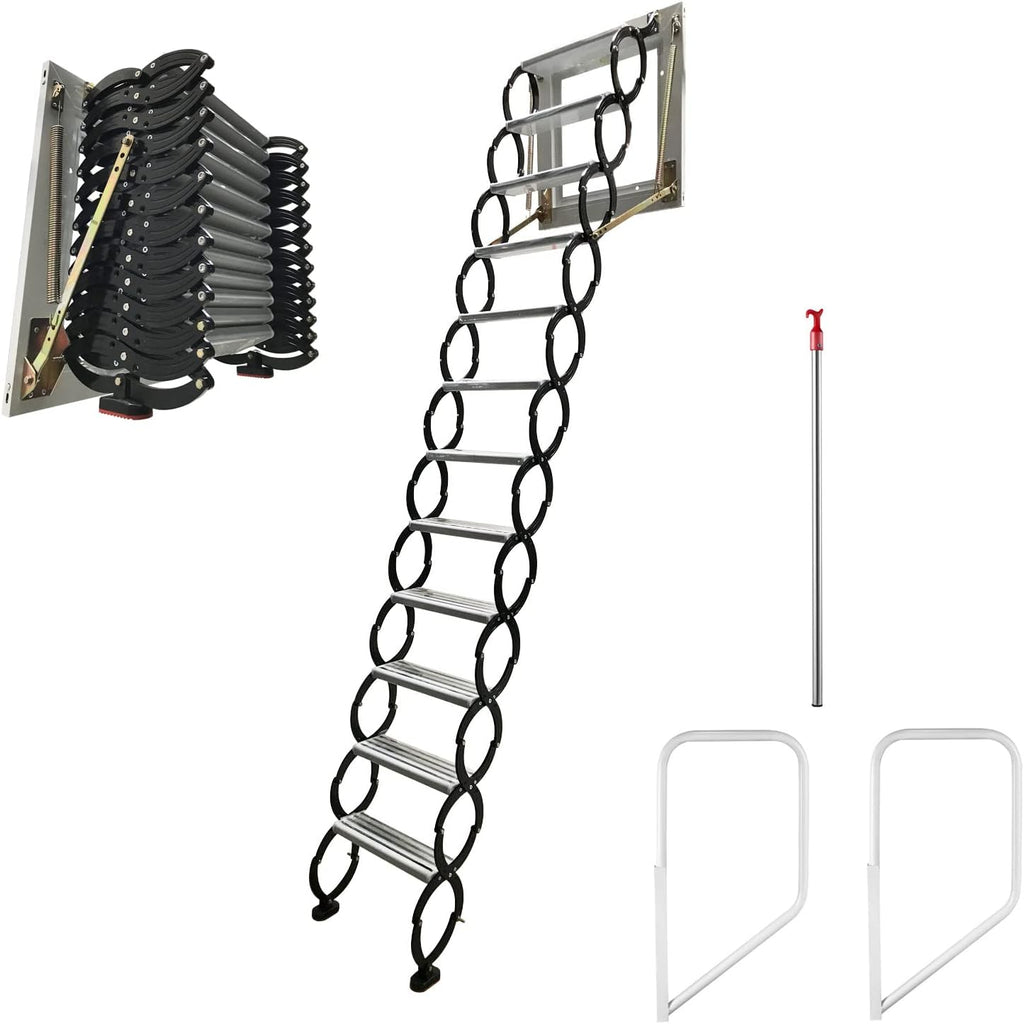 Black Wall-mounted Folding Attic Ladder, 9.8 feet Height, Ti-Mg Alloy X4042