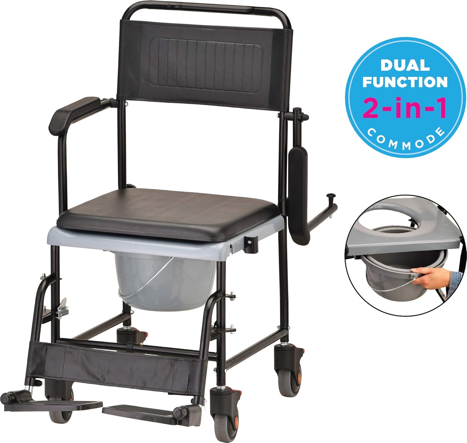 Hammertone Transport Chair Commode with Locking Wheels and Removable Padded Seat T184
