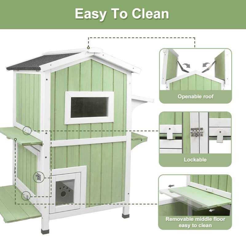 Outdoor Cat Shelter Weatherproof Two Story Wooden Cat House with Openable Roof Escape Door N765