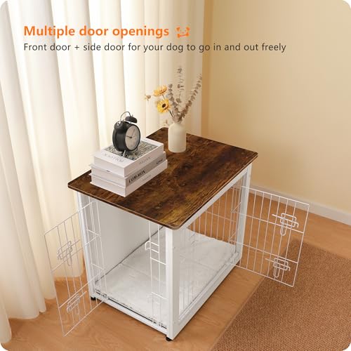 Dog Crate Furniture with Cushion, Wooden Kennel Table with Double Doors, Dark Gray M463411