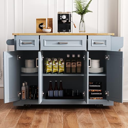 Green Large Kitchen Island with 2 Drop Leaf, 3 Drawers, 55.7" D8910