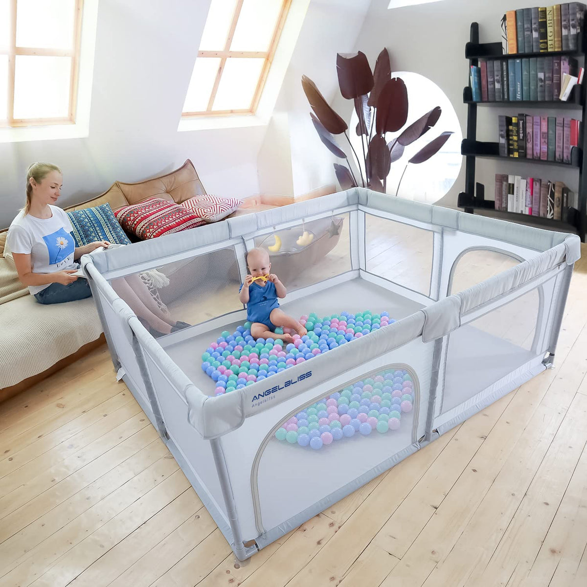 Grey 63”x47” Baby Playpen with Breathable Mesh O7313