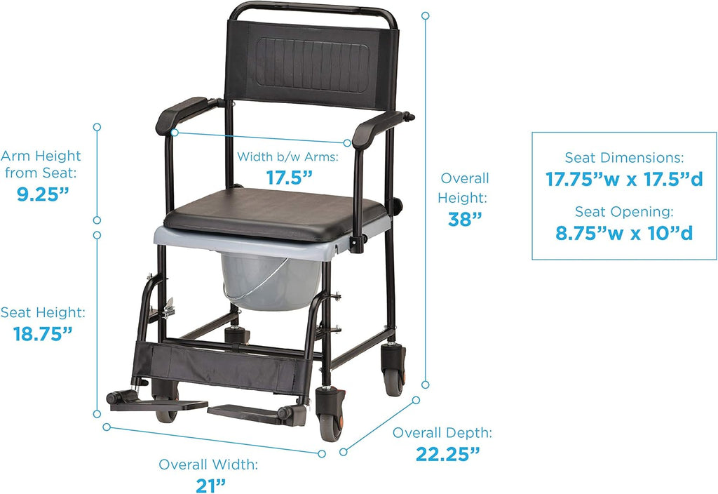 Hammertone Transport Chair Commode with Locking Wheels and Removable Padded Seat T184