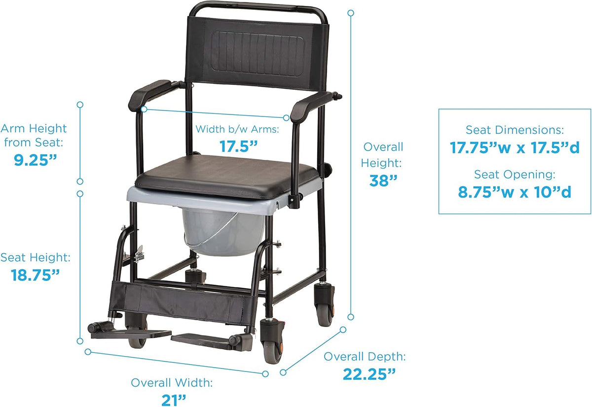 Hammertone Transport Chair Commode with Locking Wheels and Removable Padded Seat T184