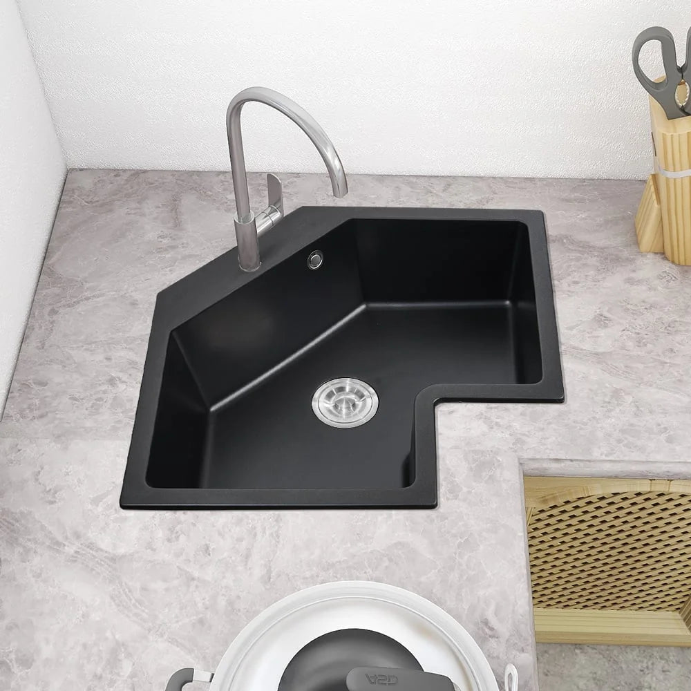 Black Drop In Corner Kitchen Sink Single Bowl Quartz W163