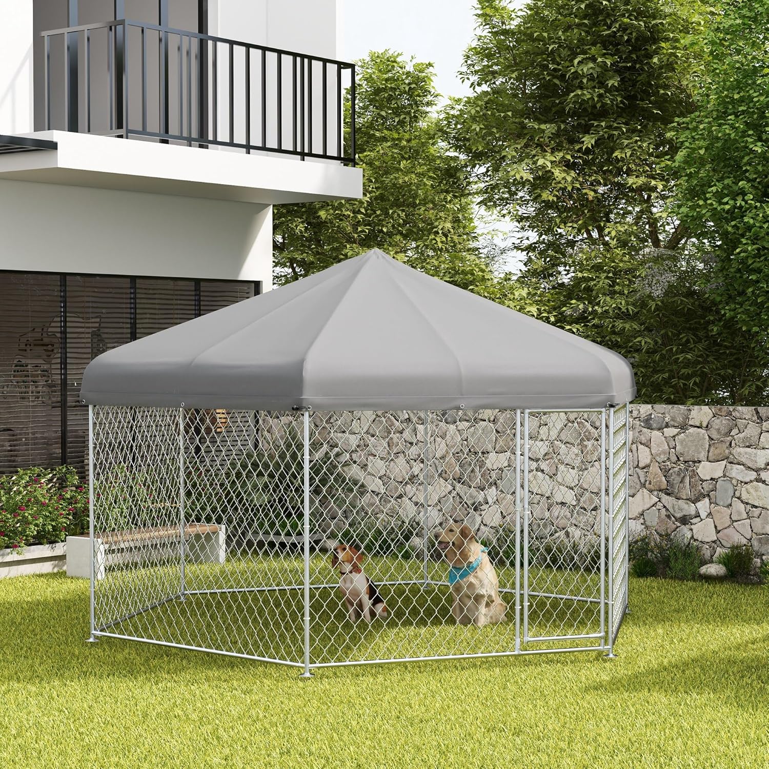 13.4' x 11.5' x 8.8' Dog Kennel Outdoor Dog Run with Waterproof Roof, Lockable Door, Silver H42765