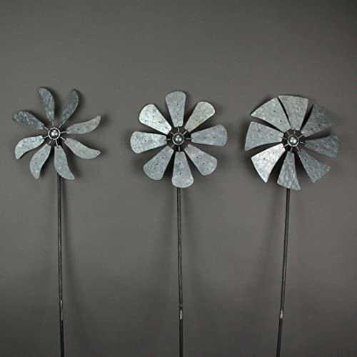 Set of 3 Galvanized Grey Wind Spinner Garden Stakes, 41 Inches High P79757