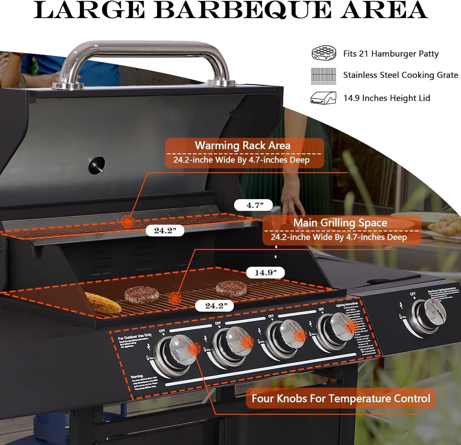 4-Burner Propane Gas BBQ Grill with Side Burner, Cast Iron 50,000 BTU Stainless Steel Grates G2278