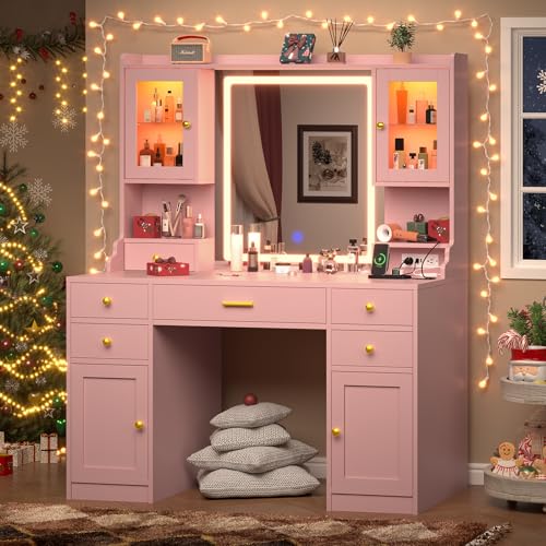 White Makeup Vanity Desk with Mirror and Lights, Large Vanity Table Set with Charging Station, Dressing Table with RGB Cabinets, 3 LED Lights Modes A544
