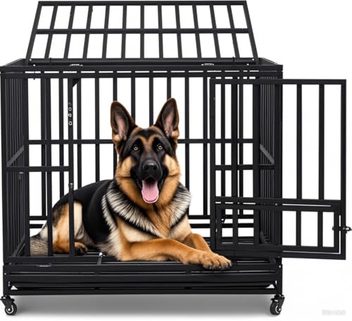 42" Large Metal Wire Dog Crate with Lockable Wheels, Double Door B31096