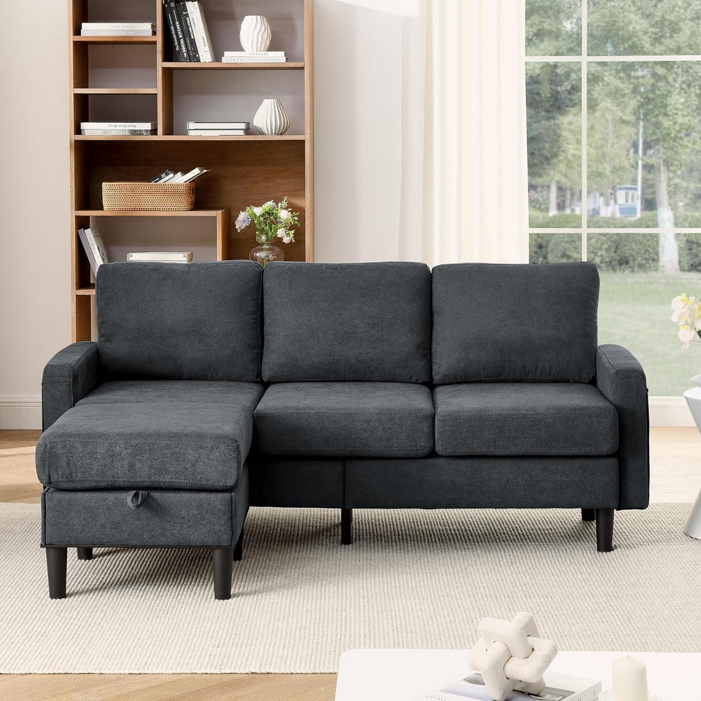 Dark Gray Fabric L Shaped Sectional Sofa with Storage Ottoman B2055