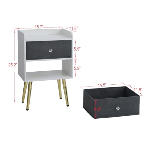 White Nightstand with Drawer Fabric Cabinet Storage with Sliding Drawers and Shelf P768
