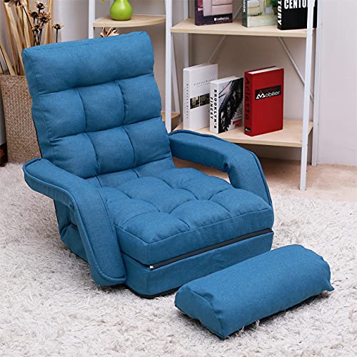 Blue Adjustable Folding Chaise Lounge Sofa with Armrests and Pillow A2407
