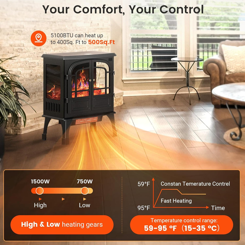 24'' Electric Fireplace Heater with Remote Control, 3D Realistic Flame, 750/1500W K282379