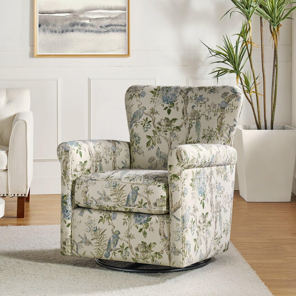 Floral Fabric Swivel Rocker Chair with Rolled Armrest V84301