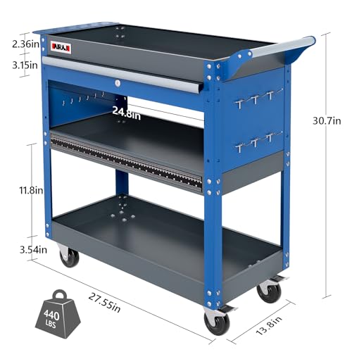 Blue 3 Tier Rolling Tool Cart with Drawers T4233