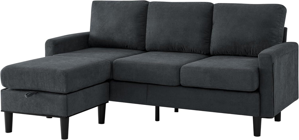 Dark Gray Fabric L Shaped Sectional Sofa with Storage Ottoman B2055