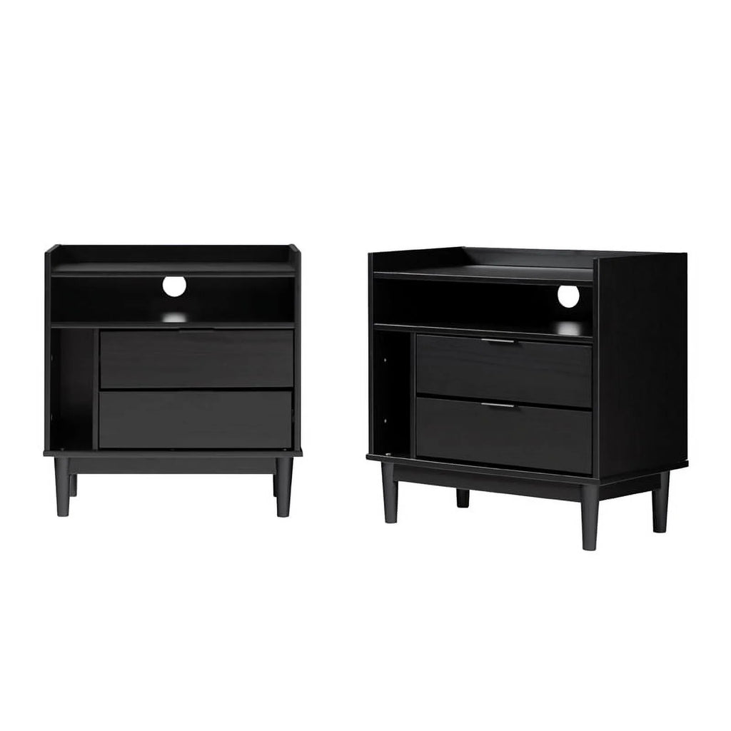 Black Solid Wood 2-Drawer Night Stand T5953