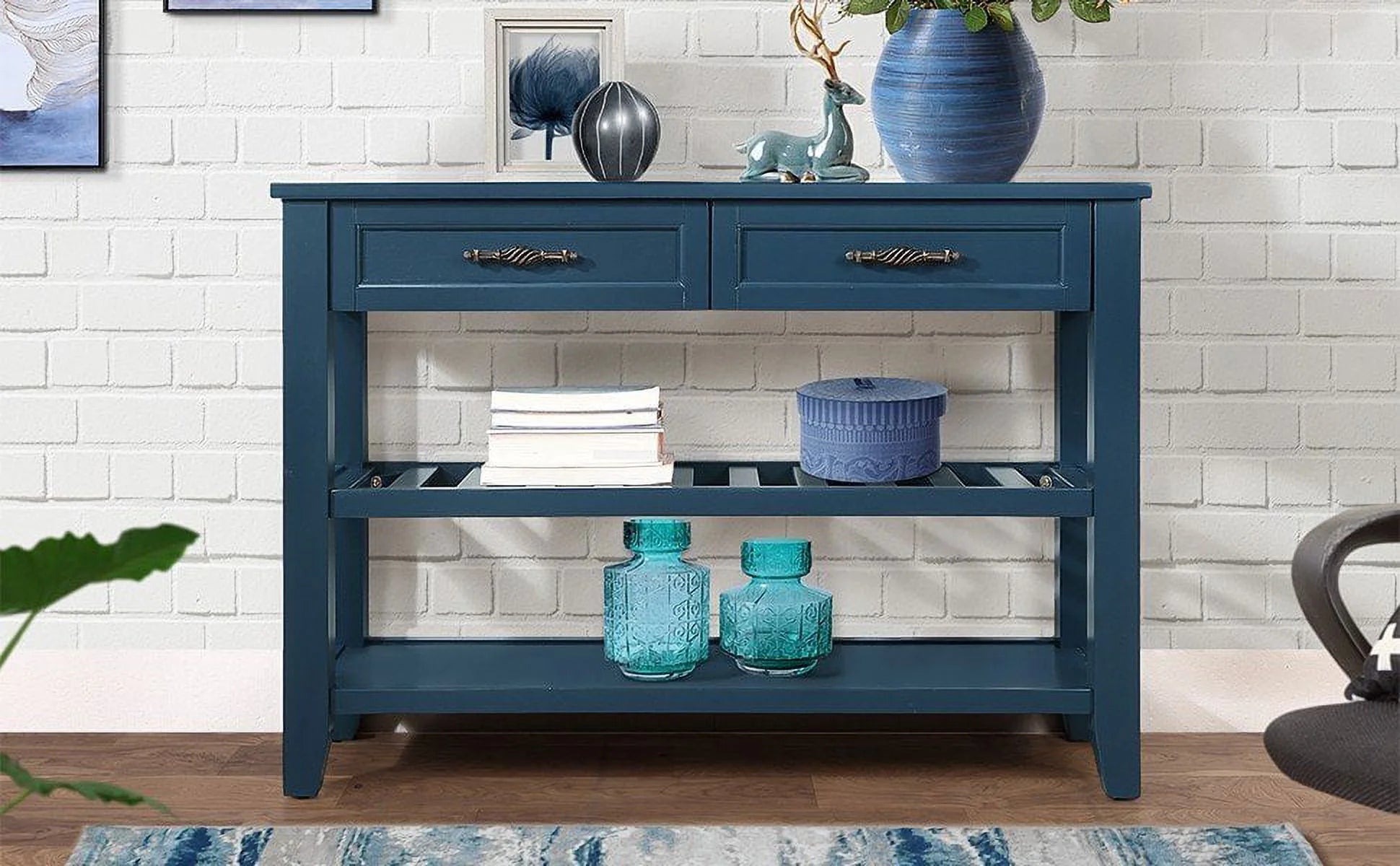 Navy Blue 42'' Solid Wood Console Sofa Table with 2 Drawers and 2 Shelves H535