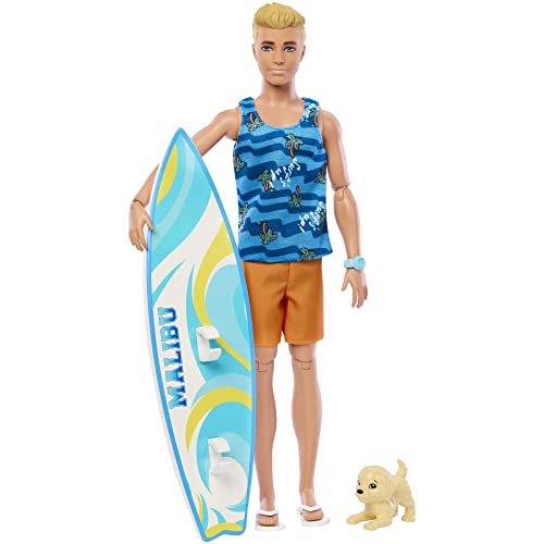 Poseable Blonde Ken Beach Doll with Surfboard and Pet Puppy Z5625