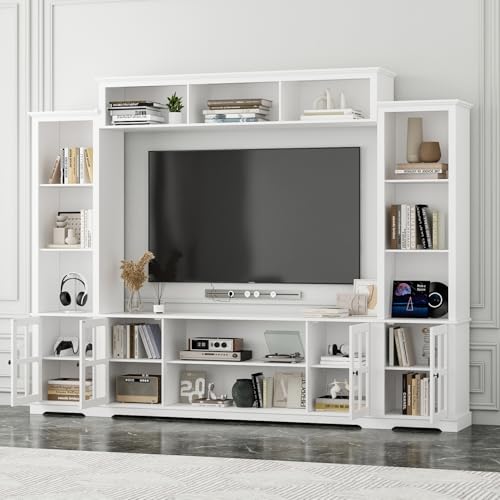 Grey 102" W Large Farmhouse TV Stand with Glass Doors L43122