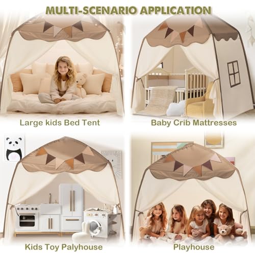 Cream Extra Large Kids Play Tent with Flags & Star Lights, 59x39x59 in Y369273