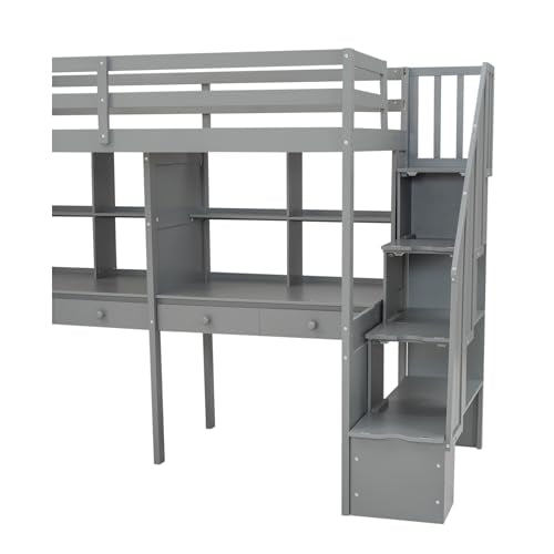 Gray Full Size Wood Loft Bed with Desk, Wardrobe and Three Storage Drawers Q4499