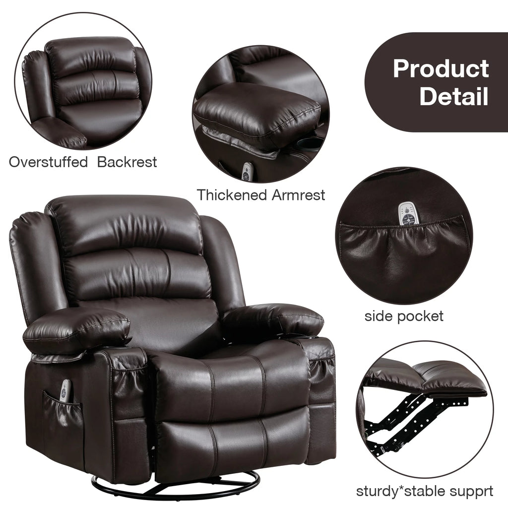 Brown Ergonomic Swivel Rocker Recliner Chair with Vibration Massage and Heat N99032