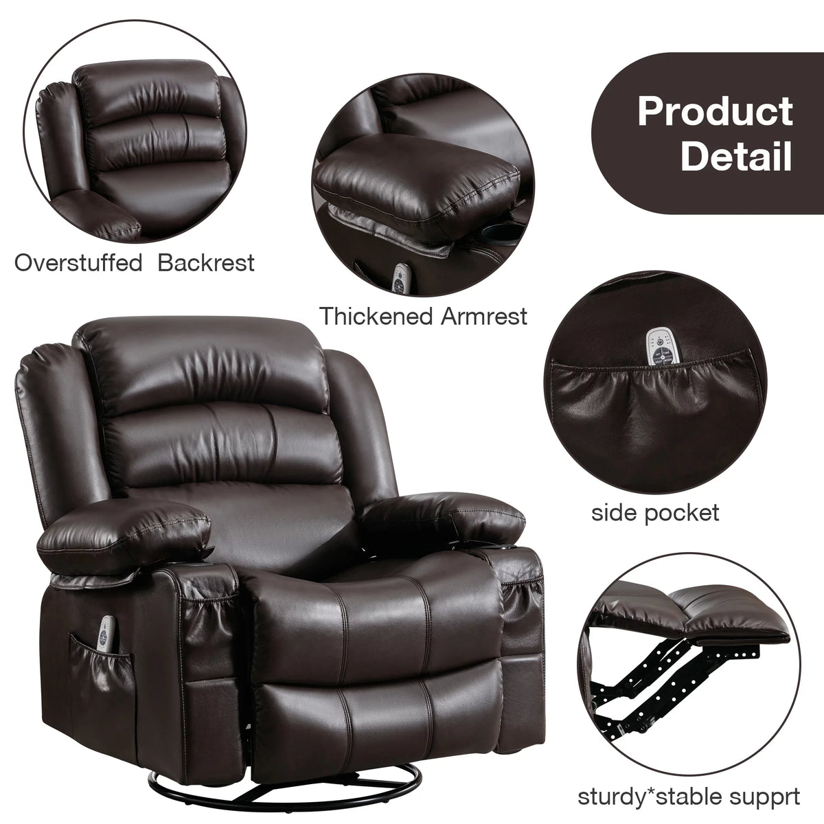 Brown Ergonomic Swivel Rocker Recliner Chair with Vibration Massage and Heat N99032