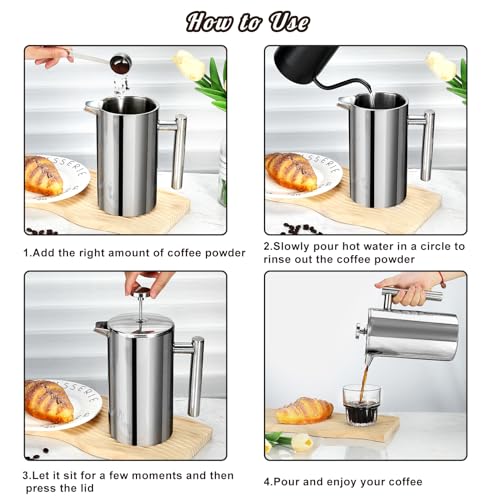 34 Ounce Stainless Steel French Press Coffee Maker with 3 Filter B920044