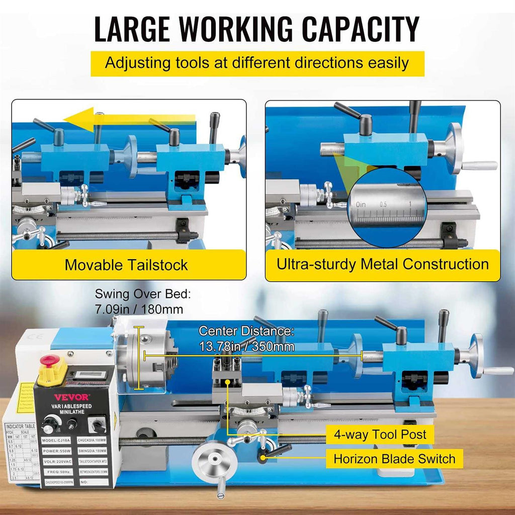 Mini Metal Lathe 7x14 Benchtop 550W Variable Speed Metal Lathe R2800