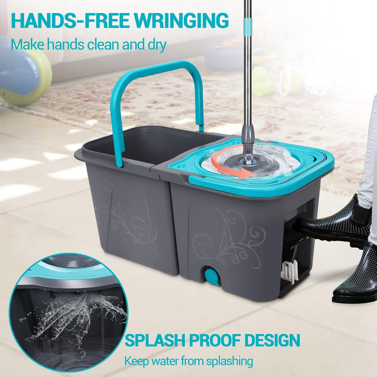 Spin Mop and Bucket with Wringer Set, Microfiber Mop Bucket with 6 Replacement Refills R897