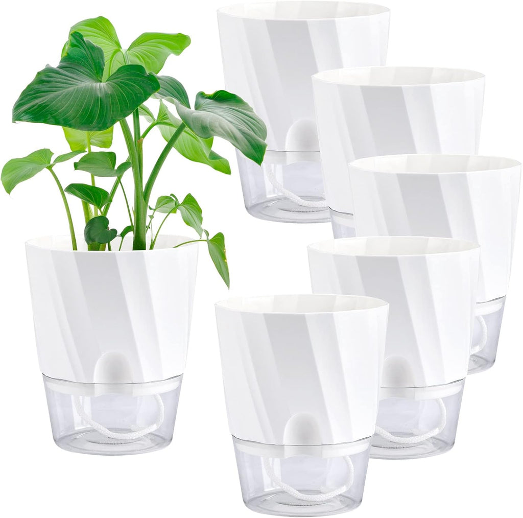6 Pack Self Watering White Plant Pots Q424255