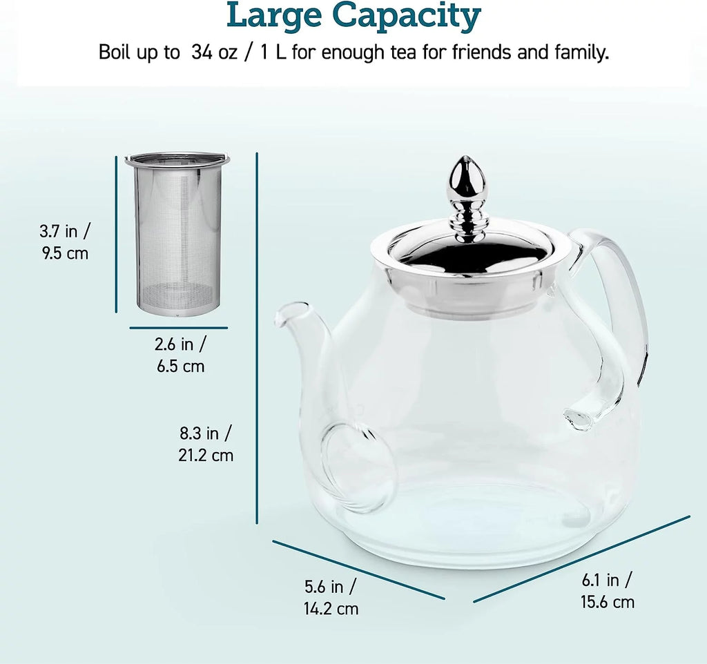 Glass Teapot Stovetop Gooseneck Kettle with Removable Stainless Steel Infuser, Borosilicate, 1000 ml, Transparent H975209
