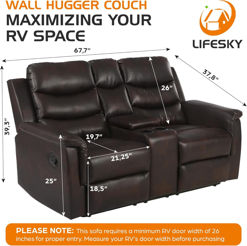 68" Wall Hugger RV Couch with Console Cup Holder Double Seat Reclining Chair Browm A10309