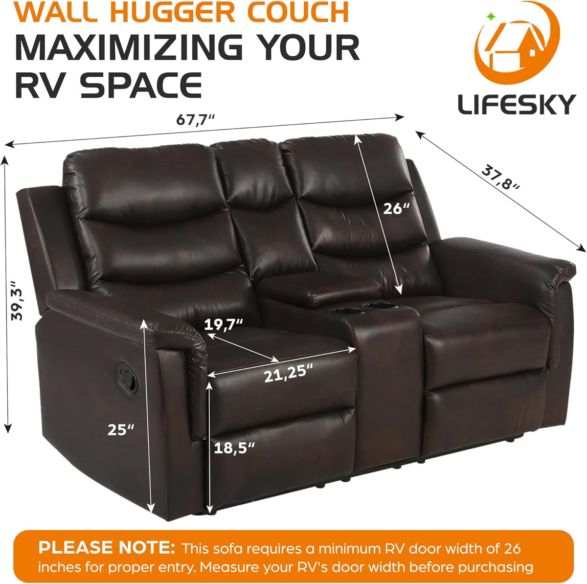 68" Wall Hugger RV Couch with Console Cup Holder Double Seat Reclining Chair Browm A10309