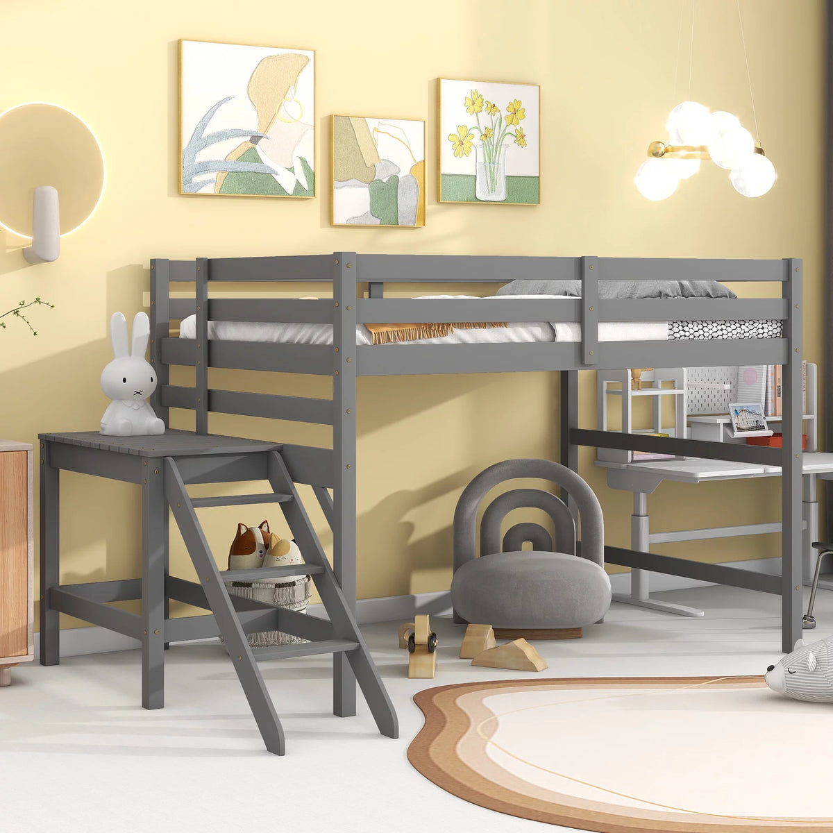 Gray Full Wood Loft Bed with Safety Rail and Ladder P535