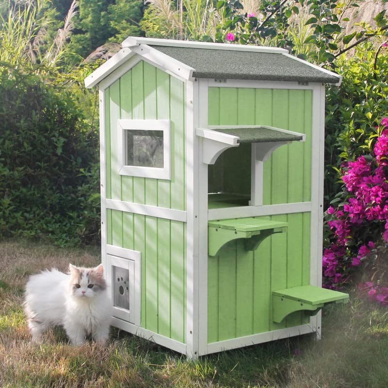 Outdoor Cat Shelter Weatherproof Two Story Wooden Cat House with Openable Roof Escape Door N765