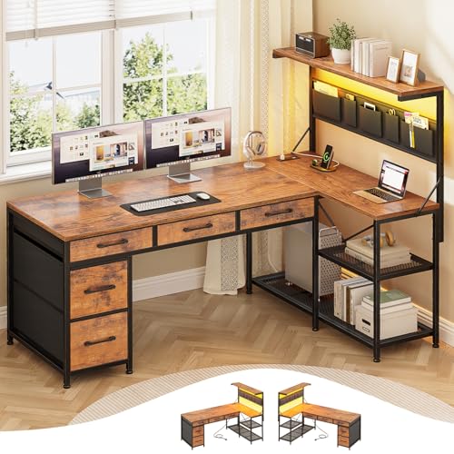 Black L Shaped Gaming Desk with 5 Drawers, Storage Shelves, LED Lights, Power Outlets and Storage Bag R314
