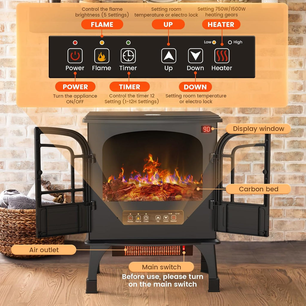 24'' Electric Fireplace Heater with Remote Control, 3D Realistic Flame, 750/1500W K282379