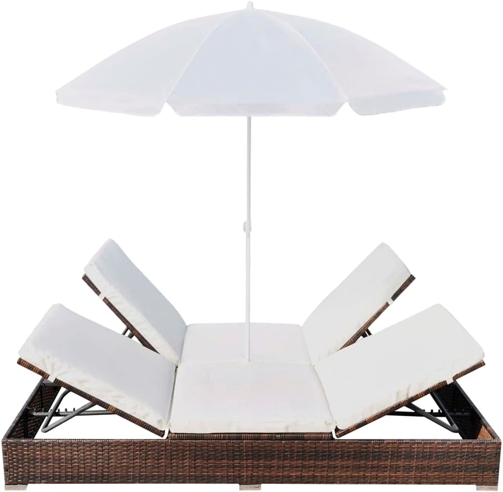Brown Poly Rattan 2-Person Sun Lounger with Cushion and Umbrella Z1335