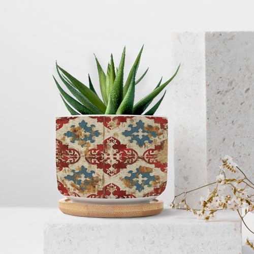 Blue And White Porcelain Ceramic Round Plant Pot with Drainage Holes And Bamboo Tray V316411